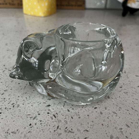 Vintage Indiana Clear Glass Sleeping Cat Votive Candle Tealight Holder Made USA - Picture 1 of 7